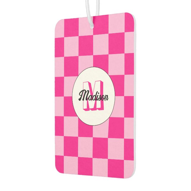 Chequered light hot pink geometric retro Monogram Air Freshener (Left)