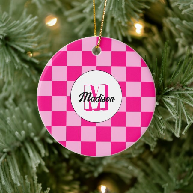 Chequered light hot pink geometric retro Monogram Ceramic Ornament (Tree)