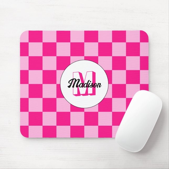 Chequered light hot pink geometric retro Monogram Mouse Pad (With Mouse)