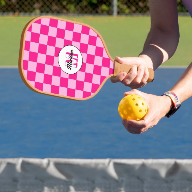 Chequered light hot pink geometric retro Monogram Pickleball Paddle (Insitu)