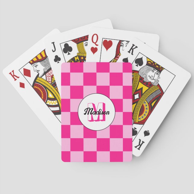 Chequered light hot pink geometric retro Monogram Playing Cards (Back)