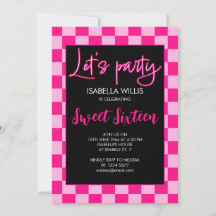 Chequered light hot pink retro Lets party Sweet 16 Invitation