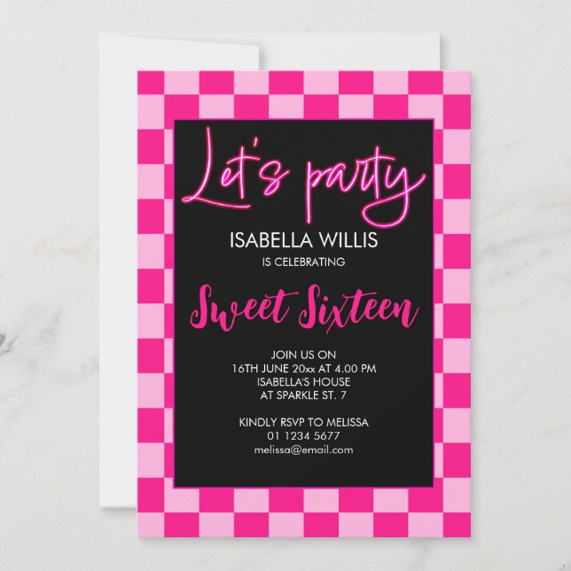 Chequered light hot pink retro Lets party Sweet 16 Invitation (Front)