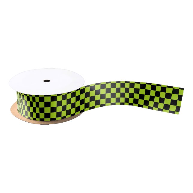 Chequered Lime Green and Black Satin Ribbon (Spool)