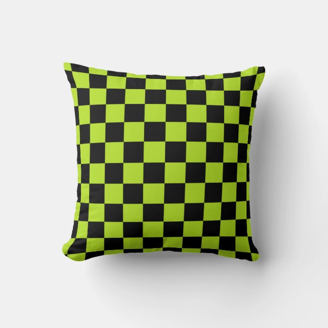 Chequered Lime Green and Black Throw Pillow (Front)