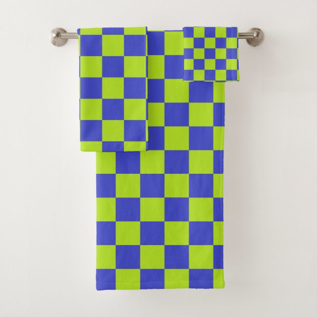 Chequered Lime Green and Blue Bath Towel Set (Insitu)