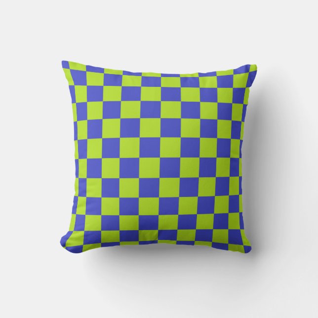 Chequered Lime Green and Blue Throw Pillow (Front)