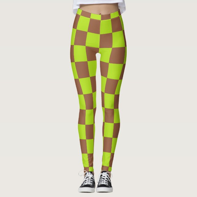 Chequered Lime Green and Brown  Leggings (Front)