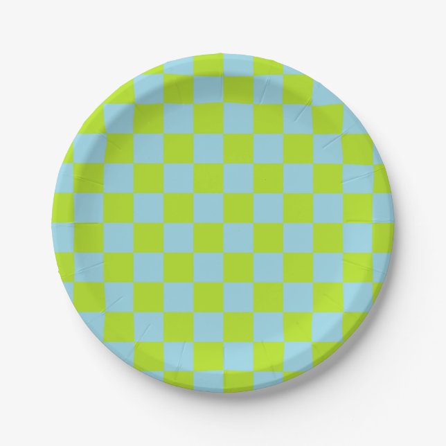 Chequered Lime Green and Pastel Blue Paper Plate (Front)
