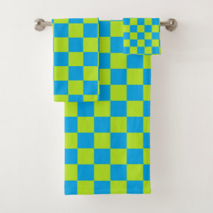 Chequered Lime Green and Turquoise Bath Towel Set