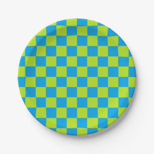 Chequered Lime Green and Turquoise Paper Plate