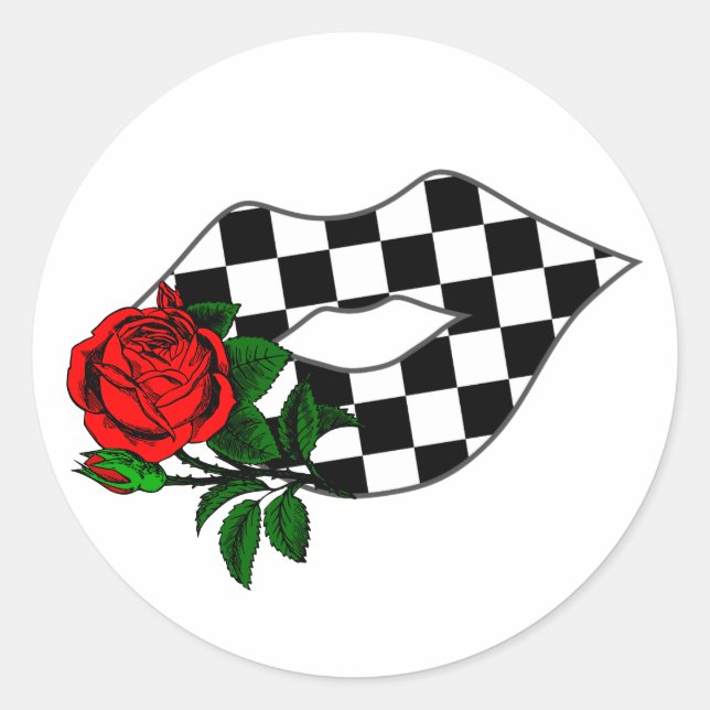 Chequered lips kiss red rose T-Shirt Classic Round Sticker (Front)