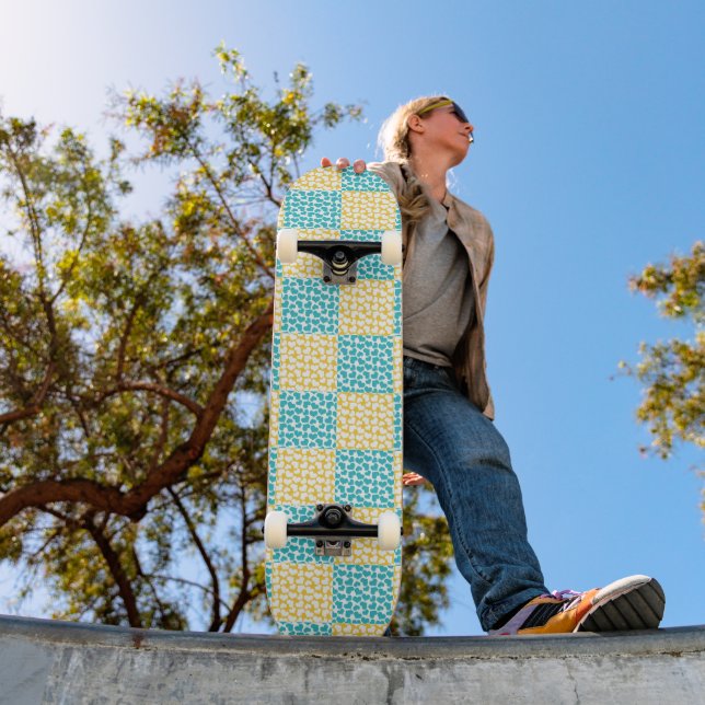 Chequered Love in Turquoise, Yellow, and White Skateboard (Outdoor 1)