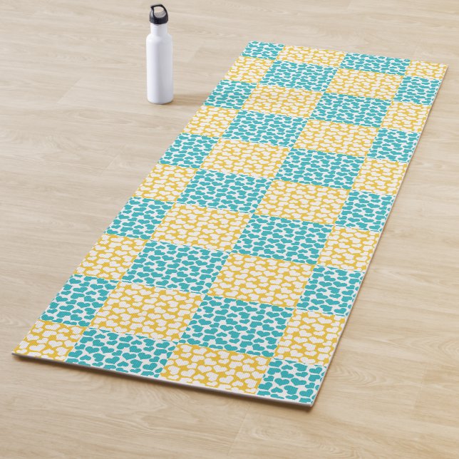 Chequered Love in Turquoise, Yellow, and White Yoga Mat (In Situ)