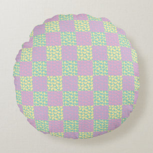 Chequered Love-Pastel Pink, Yellow, Purple & Green Round Pillow