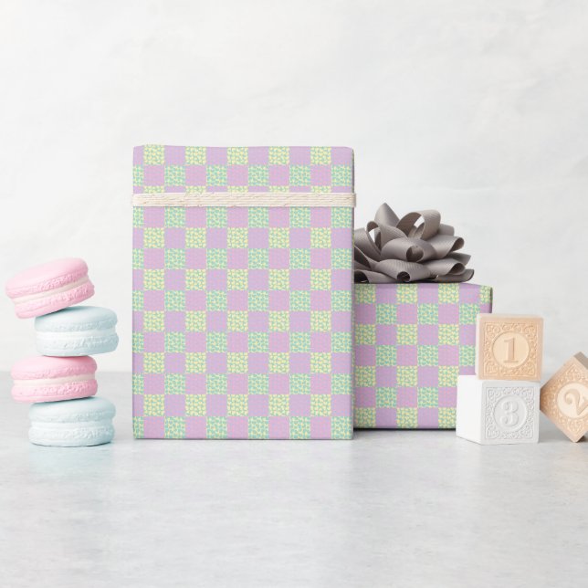 Chequered Love-Pastel Pink, Yellow, Purple & Green Wrapping Paper (Baby Shower)