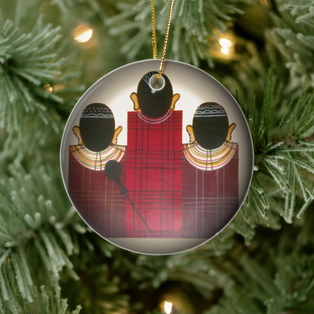 Chequered Maasai Family Portrait Ceramic Ornament (Tree)