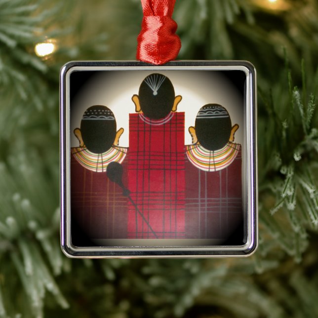 Chequered Maasai Family Portrait Metal Ornament (Tree)