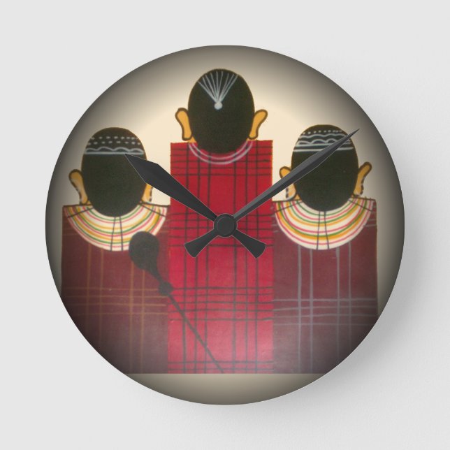 Chequered Maasai Family Portrait Round Clock (Front)