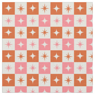 Chequered Mid Century Atomic Stars Pink Orange Fabric