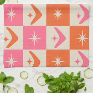 Chequered Mid Century Boomerangs pink and orange Kitchen Towel