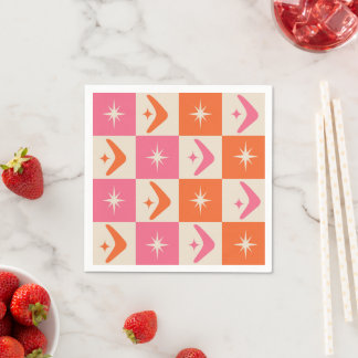 Chequered Mid Century Boomerangs pink and orange Napkin
