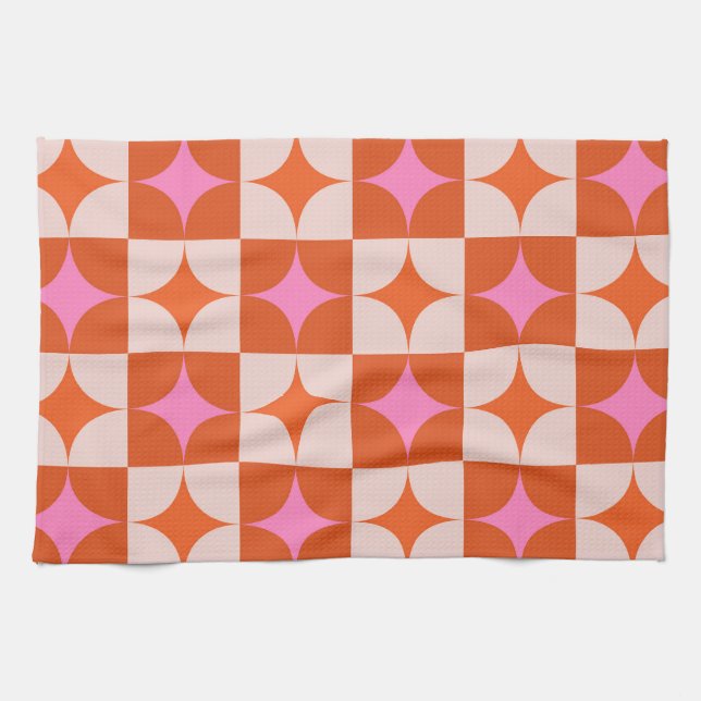 Chequered Mid Century Pink Orange Starbursts  Kitchen Towel (Horizontal)