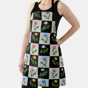 Chequered Multicolored Rose Floral Design  Apron