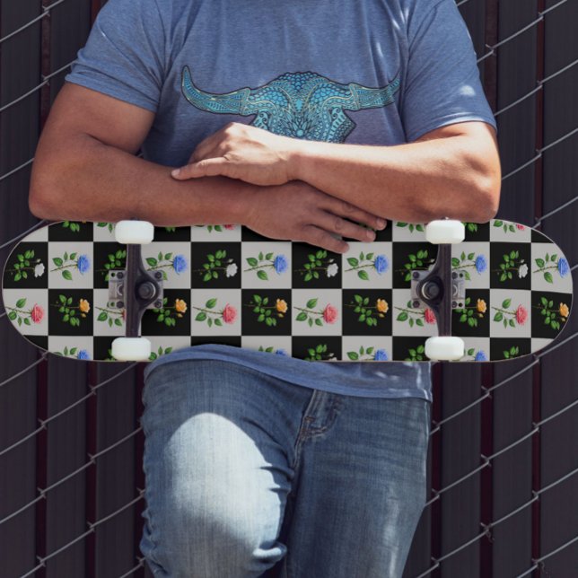 Chequered Multicolored Rose Floral Design  Skateboard (Creator Uploaded)