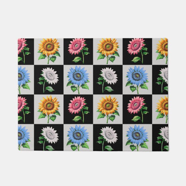 Chequered Multicolored Sunflower Floral Design  Doormat (Front)
