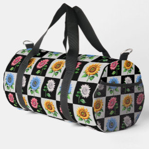 Chequered Multicolored Sunflower Floral Design  Duffle Bag