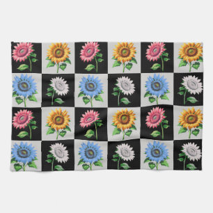 Chequered Multicolored Sunflower Floral Design  Kitchen Towel