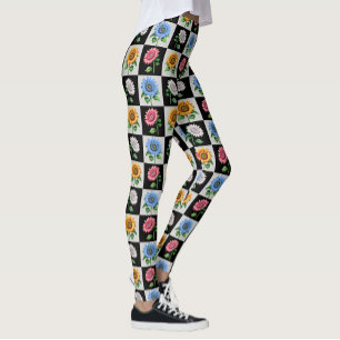 Chequered Multicolored Sunflower Floral Design  Leggings