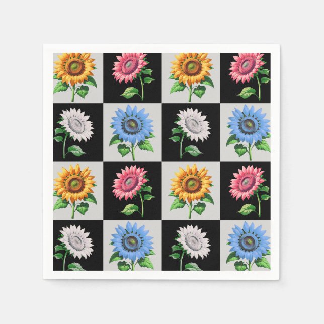 Chequered Multicolored Sunflower Floral Design  Napkin (Front)