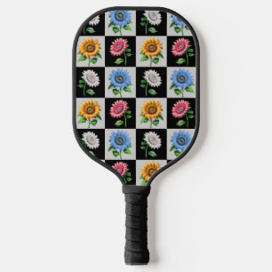 Chequered Multicolored Sunflower Floral Design Pickleball Paddle