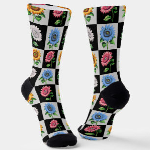 Chequered Multicolored Sunflower Floral Design Socks