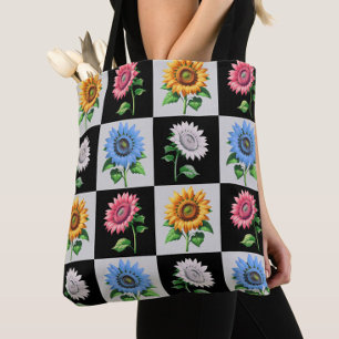 Chequered Multicolored Sunflower Floral Design  Tote Bag