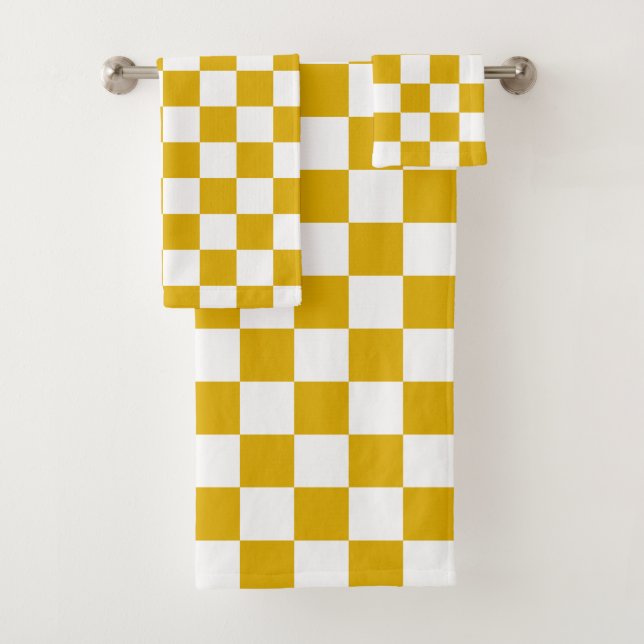 Chequered mustard yellow and White Bath Towel Set (Insitu)