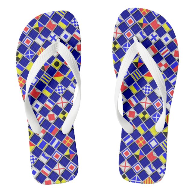 Chequered Nautical Signal Flags Navy Blue Flip Flops (Footbed)