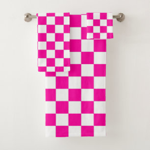 Chequered Neon Pink and White Bath Towel Set
