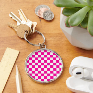 Chequered Neon Pink and White  Keychain