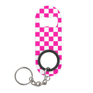 Chequered Neon Pink and White Keychain Bottle Opener