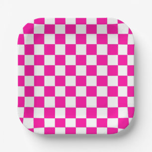 Chequered Neon Pink and White  Paper Plate