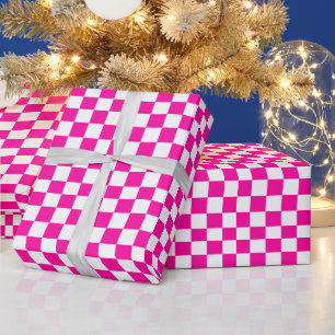 Chequered Neon Pink and White  Wrapping Paper