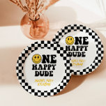 Chequered One Happy Dude 1st Birthday Smile Paper Plate<br><div class="desc">These awesome One Happy Dude Paper Plates features a retro smile face with a black and white chequered background - the perfect way to accent your happy little dude's birthday party. Easily edit most wording to match your event! Are you wanting to use a different colour scheme? No problem! Text...</div>