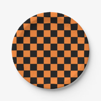 Chequered Orange and Black Paper Plate