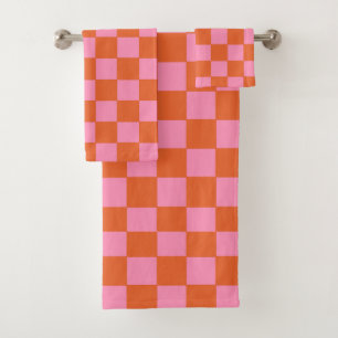 Chequered Orange and Pink  Bath Towel Set