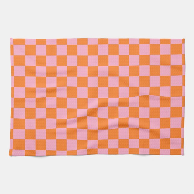 Chequered Orange and Pink Kitchen Towel (Horizontal)