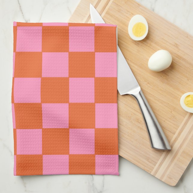 Chequered Orange and Pink  Kitchen Towel (Quarter Fold)