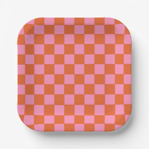 Chequered Orange and Pink  Paper Plate